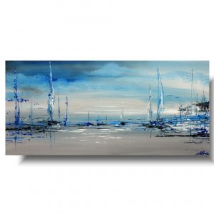 Obrazy na płótnie, obraz port, statki w porcie, obraz szaro niebieski, obraz poziomy, obrazy marynistyczne, obraz pejzaż morski, obraz z żaglówką, obraz z łódką, obrazy marynistyka