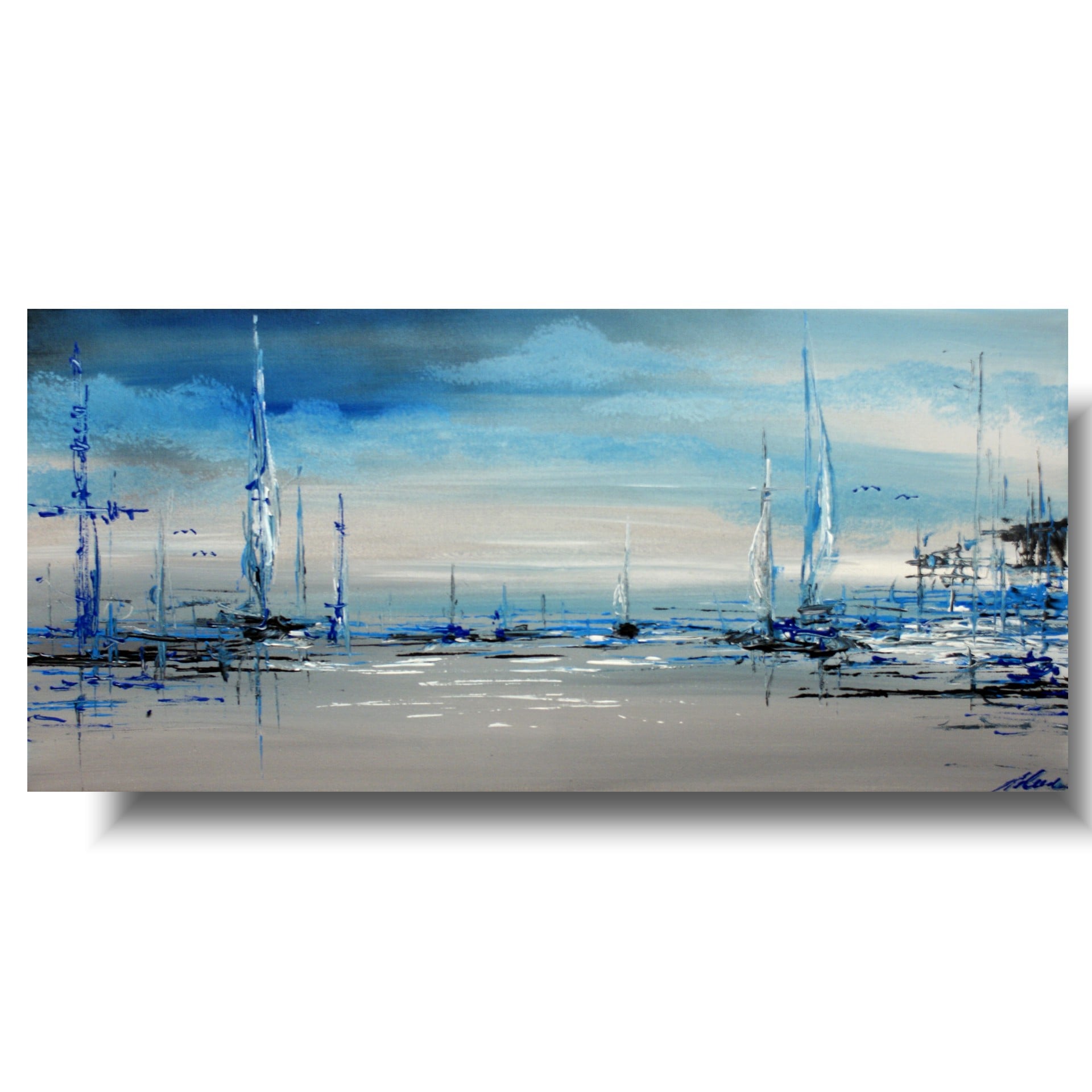 Obrazy na płótnie, obraz port, statki w porcie, obraz szaro niebieski, obraz poziomy, obrazy marynistyczne, obraz pejzaż morski, obraz z żaglówką, obraz z łódką, obrazy marynistyka