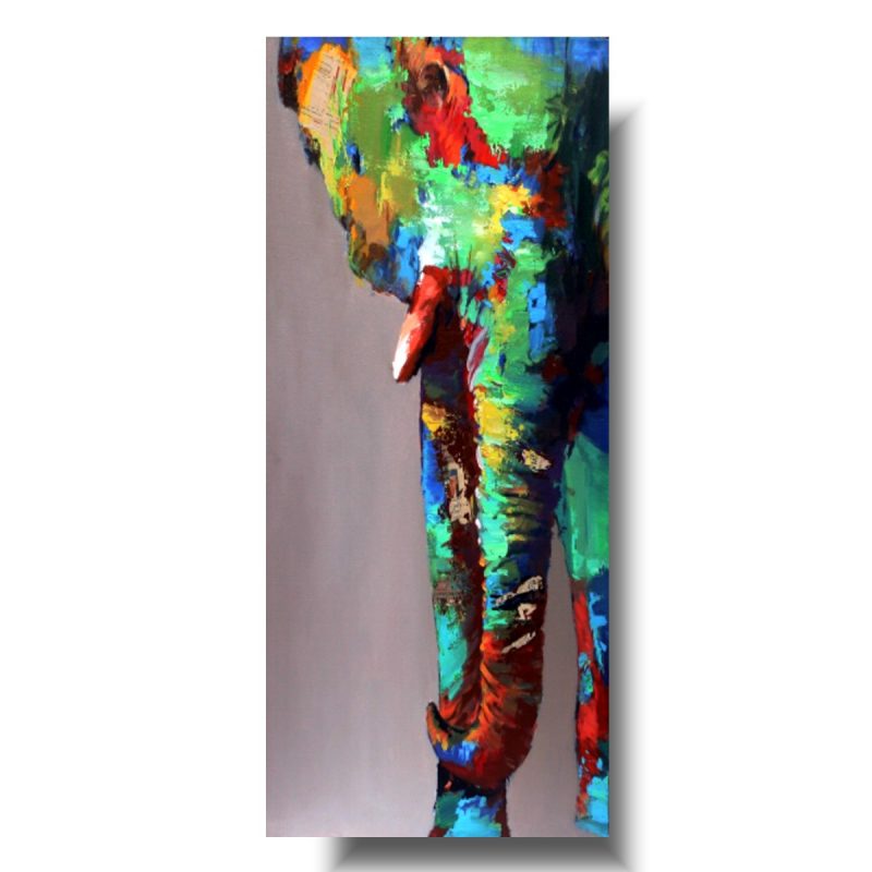 Obraz na płótnie ręcznie malowany słoń, obraz ręcznie malowany na płótnie słoń, obraz pionowy, obraz pionowy do salonu, obraz słoń, kolorowy słoń, obrazy zwierząt, obrazy ze zwierzętami, obrazy zwierząt na płótnie