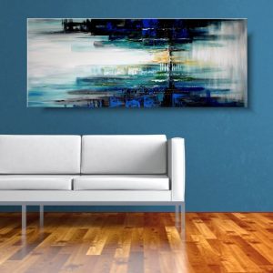 obrazy na ścianę, obrazy do sypialni, Obraz kolorowe miasto, obrazy pionowe, obrazy kolorowe, obrazy ręcznie malowane, współczesne obrazy, turkusowy obraz ulicy