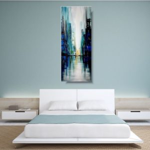 obrazy na ścianę, obrazy do sypialni, Obraz kolorowe miasto, obrazy pionowe, obrazy kolorowe, obrazy ręcznie malowane, współczesne obrazy, turkusowy obraz ulicy