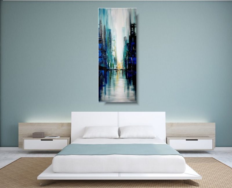 obrazy na ścianę, obrazy do sypialni, Obraz kolorowe miasto, obrazy pionowe, obrazy kolorowe, obrazy ręcznie malowane, współczesne obrazy, turkusowy obraz ulicy