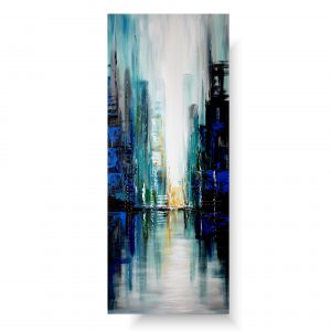 obrazy na ścianę, obrazy do sypialni, Obraz kolorowe miasto, obrazy pionowe, obrazy kolorowe, obrazy ręcznie malowane, współczesne obrazy, turkusowy obraz ulicy