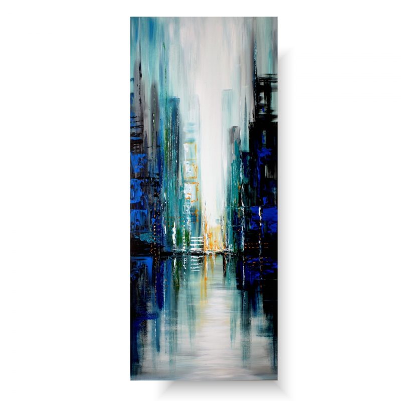 obrazy na ścianę, obrazy do sypialni, Obraz kolorowe miasto, obrazy pionowe, obrazy kolorowe, obrazy ręcznie malowane, współczesne obrazy, turkusowy obraz ulicy