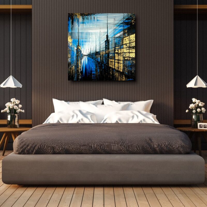 Nowoczesny obraz miasta na płótnie w sypialni