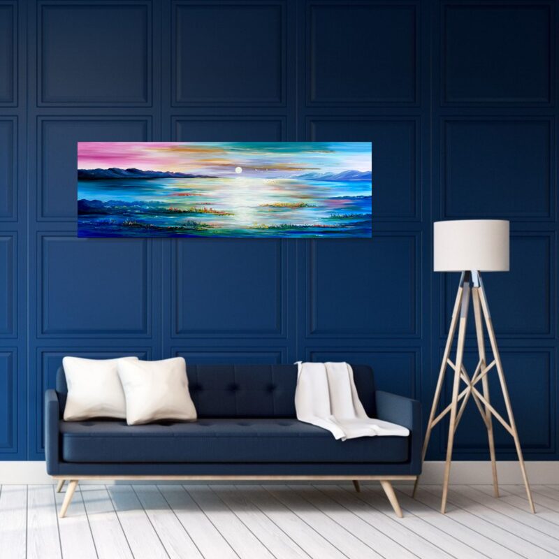 Obraz morski ręcznie malowany, obraz pejzaż, niebieski obraz, wąski obraz, obraz morski widok, poziomy obraz, obrazy o tematyce morskiej, obraz z mewami, nietypowe obrazy, obrazy marynistyka, obraz natura, obrazy marynistyczne