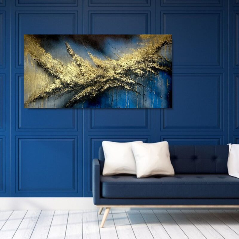 złoto granatowa abstrakcja, obraz abstrakcja, obraz 3D, polskie malarstwo, obraz ręcznie malowany