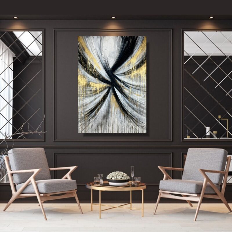 Czarno biała duża abstrakcja, abstrakcja czarno biała, złota obraz abstrakcyjny, obraz ze złotem, pionowy duży obraz, obrazy na korytarz