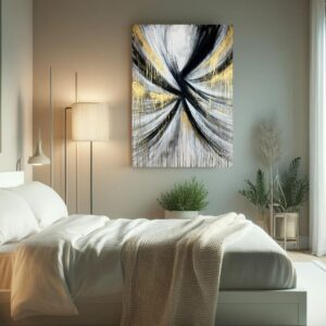 Czarno biała duża abstrakcja, abstrakcja czarno biała, złota obraz abstrakcyjny, obraz ze złotem, pionowy duży obraz, obrazy na korytarz