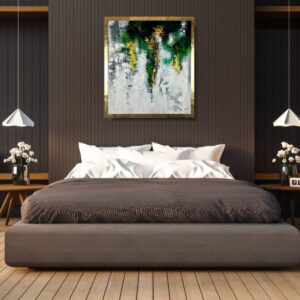 Nowoczesny obraz w ramie, zielony obraz ze złotem, obrazy współczesne, obrazy na zamówienie, obrazy abstrakcje, obraz ze złotem, obrazy do salonu, obrazy ręcznie malowane na płótnie