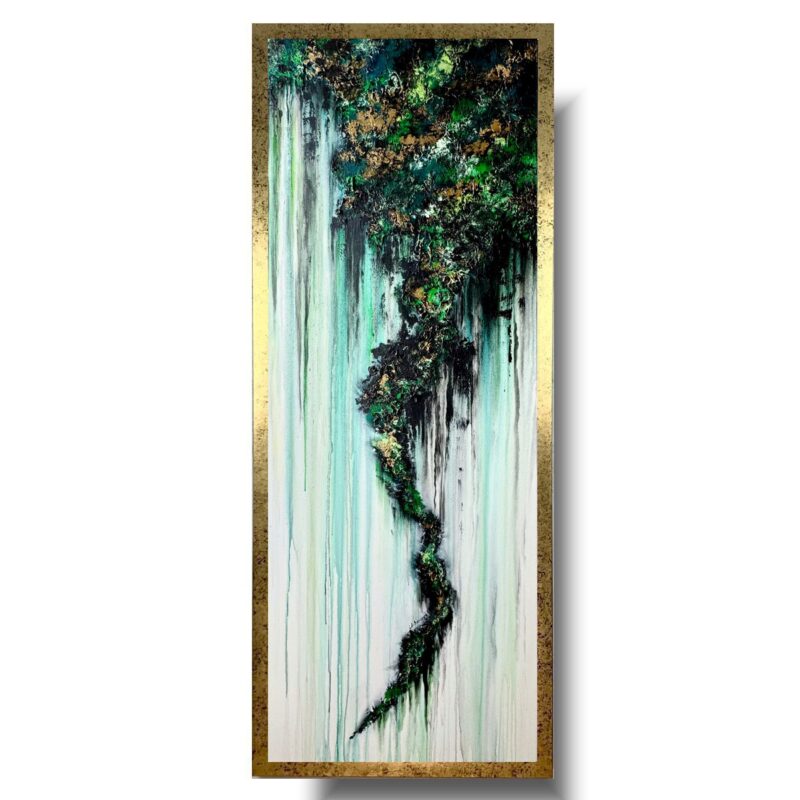 Pionowy obraz butelkowa zieleń, Obraz złoto zielona abstrakcja, obraz pionowa abstrakcja, obraz abstrakcja w ramie, obraz butelkowa zieleń, abstrakcja butelkowa zieleń, zielony obraz, obraz w złotej ramie, obraz ręcznie malowany
