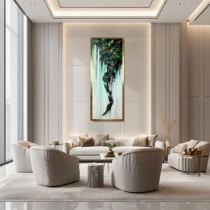 Pionowy obraz butelkowa zieleń, Obraz złoto zielona abstrakcja, obraz pionowa abstrakcja, obraz abstrakcja w ramie, obraz butelkowa zieleń, abstrakcja butelkowa zieleń, zielony obraz, obraz w złotej ramie, obraz ręcznie malowany