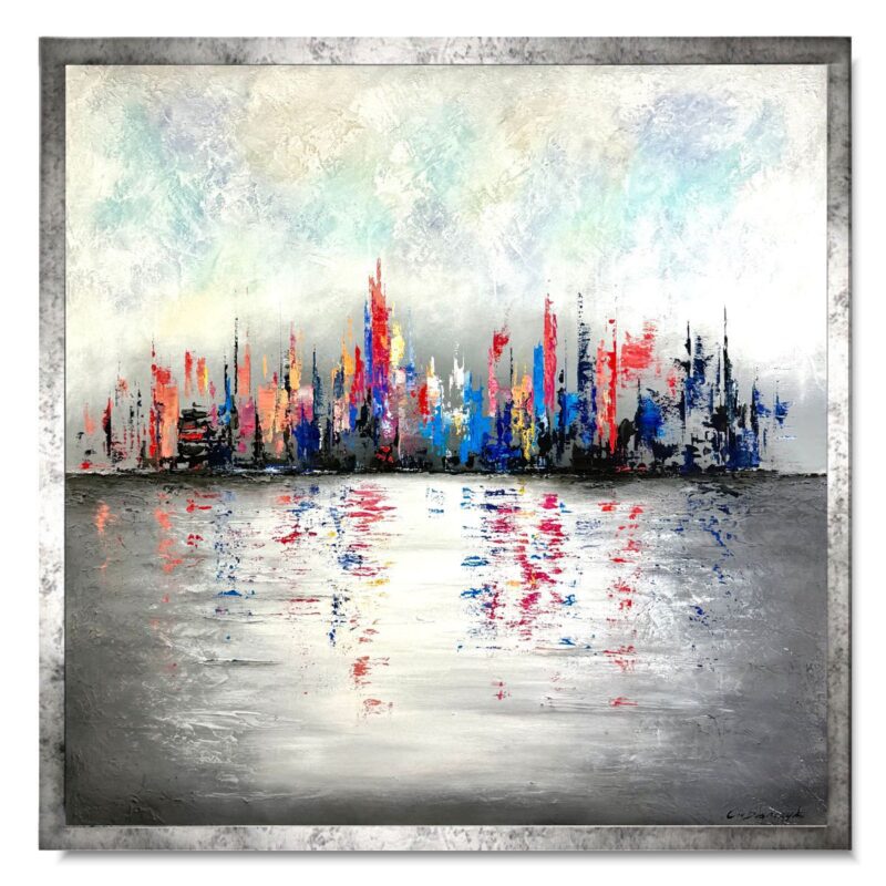 obraz kolorowe miasto w ramie, kolorowy obraz miasto, obraz miasto, obraz abstrakcja, kolorowy obraz miasta, obraz ręcznie malowany na płótnie, kolorowe obrazy, obraz 90x90, obrazy architektura