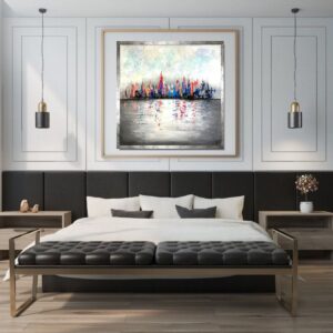 obraz kolorowe miasto w ramie w salonie