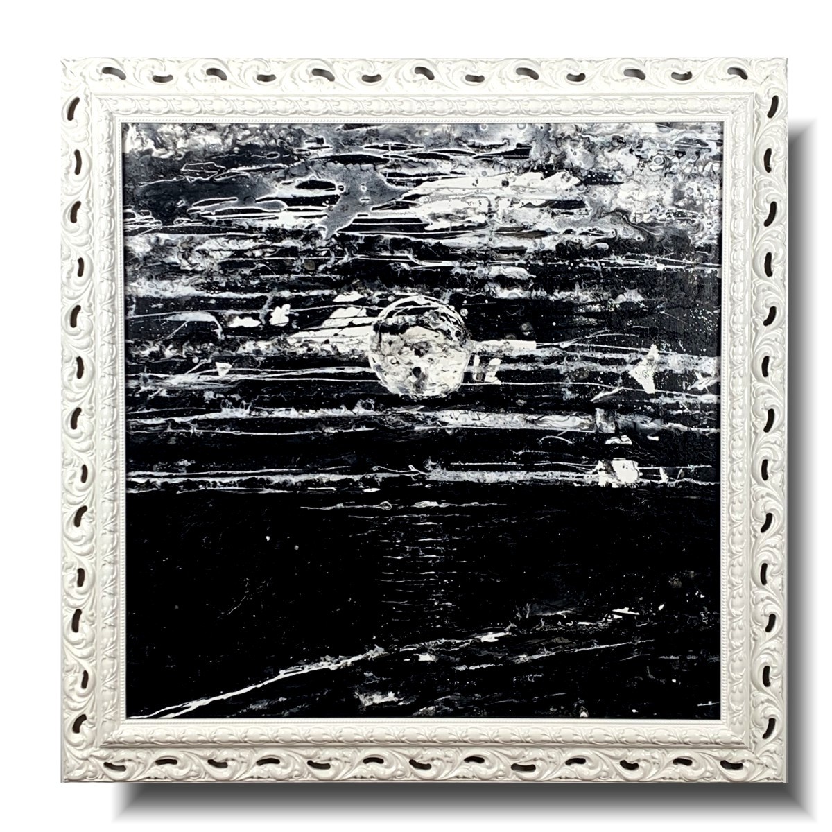 Nowoczesny czarny obraz nokturn, Nowoczesny obraz, obraz malowany na płótnie, obrazy minimalistyczne, czarno biały obraz, obrazy do salonu nowoczesne, obrazy w białej ramie, obraz w ramie glamour, mroczny obraz