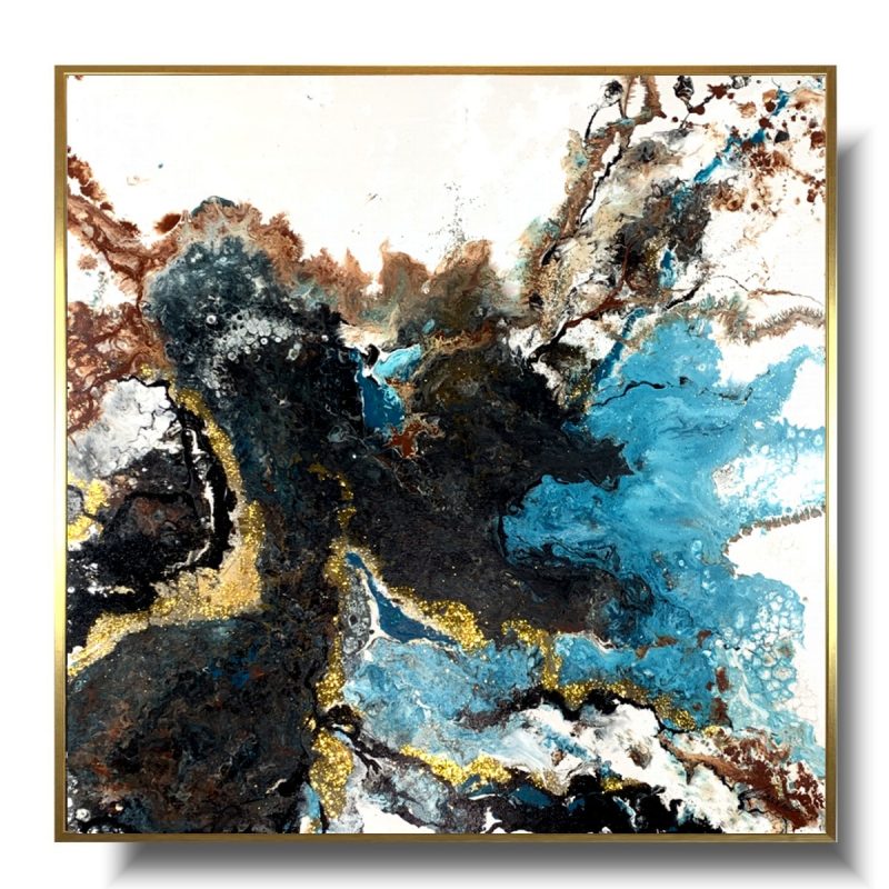 obraz abstrakcja turkusowo złota, Duża abstrakcja, złoty obraz abstrakcja, obraz w złotej ramie, obrazy ręcznie malowane, obraz na płótnie, obraz pouring