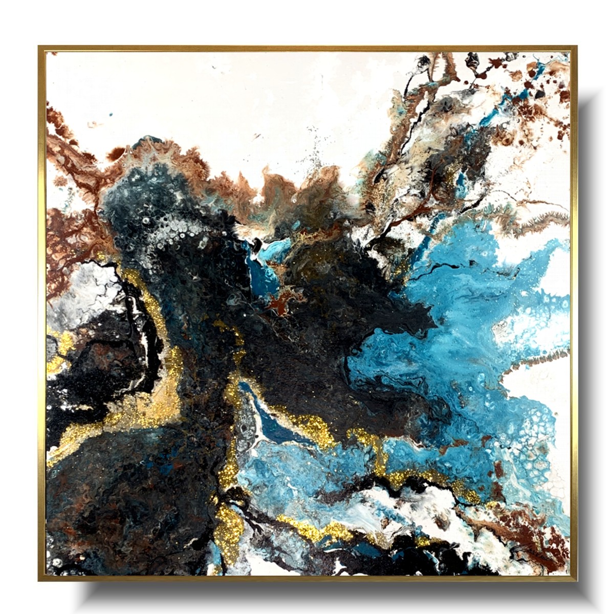 obraz abstrakcja turkusowo złota, Duża abstrakcja, złoty obraz abstrakcja, obraz w złotej ramie, obrazy ręcznie malowane, obraz na płótnie, obraz pouring