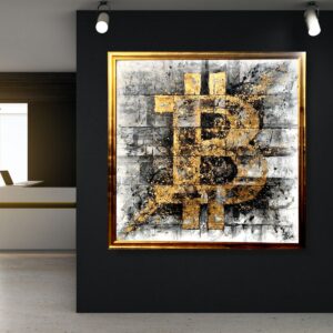 Duży obraz bitcoin abstrakcja, obraz złoty, obraz bitcoin, obraz w złotej ramie, obraz kryptowaluty, obrazy do salonu sprzedaży