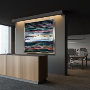 kolorowy zachód słońca, współczesny pejzaż w złotej ramie