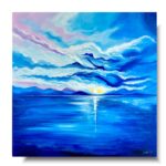 Pejzaż morski wschód słońca, obraz marynistyczny, obraz morze, obrazy o tematyce morskiej, niebieski obraz, obraz wschód słońca, duży obraz, obraz 100x100, obraz ręcznie malowany, Pejzaż morski wschód słońca