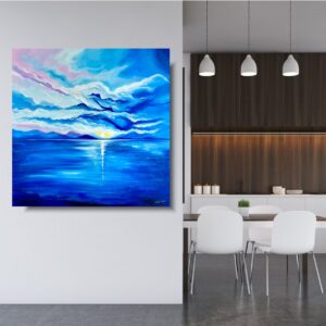 Pejzaż morski wschód słońca, obraz marynistyczny, obraz morze, obrazy o tematyce morskiej, niebieski obraz, obraz wschód słońca, duży obraz, obraz 100x100, obraz ręcznie malowany, Pejzaż morski wschód słońca