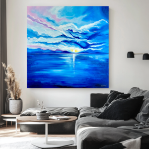 Pejzaż morski wschód słońca, obraz marynistyczny, obraz morze, obrazy o tematyce morskiej, niebieski obraz, obraz wschód słońca, duży obraz, obraz 100x100, obraz ręcznie malowany, Pejzaż morski wschód słońca