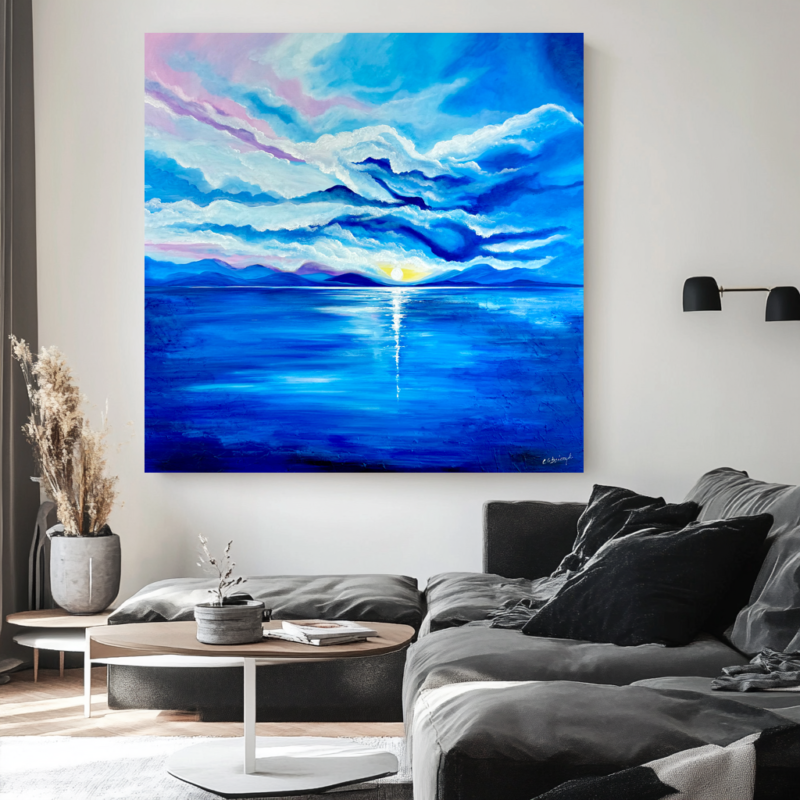 Pejzaż morski wschód słońca, obraz marynistyczny, obraz morze, obrazy o tematyce morskiej, niebieski obraz, obraz wschód słońca, duży obraz, obraz 100x100, obraz ręcznie malowany, Pejzaż morski wschód słońca