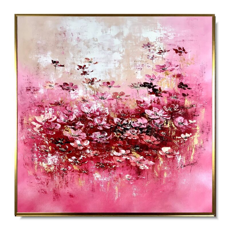 Obraz premium karminowa łąka, różowa kwiatowa łąka, obraz różowo zloty, obraz z różowymi kwiatami, obraz w złotej ramie, obraz kwiaty, kwiaty obrazy, obraz premium
