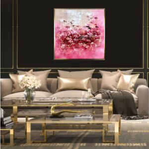 Obraz premium karminowa łąka, różowa kwiatowa łąka, obraz różowo zloty, obraz z różowymi kwiatami, obraz w złotej ramie, obraz kwiaty, kwiaty obrazy, obraz premium