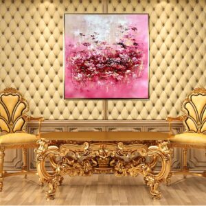 Obraz premium karminowa łąka, różowa kwiatowa łąka, obraz różowo zloty, obraz z różowymi kwiatami, obraz w złotej ramie, obraz kwiaty, kwiaty obrazy, obraz premium