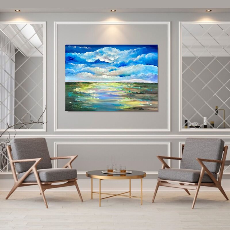 Obraz ręcznie malowany pejzaż, obraz pejzaż, obraz widok, obraz chmur, obraz z chmurami, obraz na płótnie, piękny obraz, obraz ręcznie malowany pejzaż