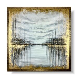 Elegancki marynistyczny złoty obraz, Obraz abstrakcyjny złote miasto, obraz złoty pałac, obraz złote miasto, obraz w ramie, obraz 100x100, obraz do salonu
