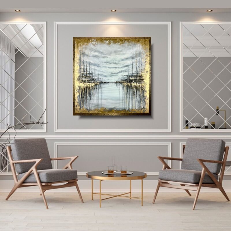 Elegancki marynistyczny złoty obraz, Obraz abstrakcyjny złote miasto, obraz złoty pałac, obraz złote miasto, obraz w ramie, obraz 100x100, obraz do salonu