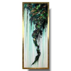 Pionowy obraz butelkowa zieleń, Obraz złoto zielona abstrakcja, obraz pionowa abstrakcja, obraz abstrakcja w ramie, obraz butelkowa zieleń, abstrakcja butelkowa zieleń, zielony obraz, obraz w złotej ramie, obraz ręcznie malowany