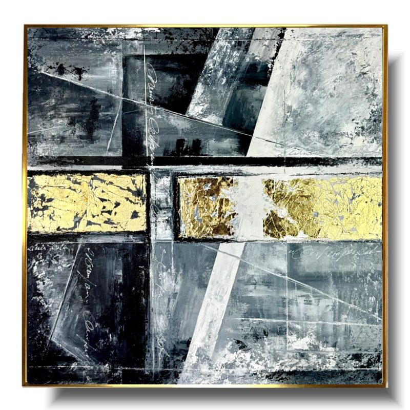 Obraz czarno biała abstrakcja, obraz abstrakcja, obraz z szlakmetalem, obraz z płatkami złota, obraz geometryczny, obrazy abstrakcje, czarno biały obraz