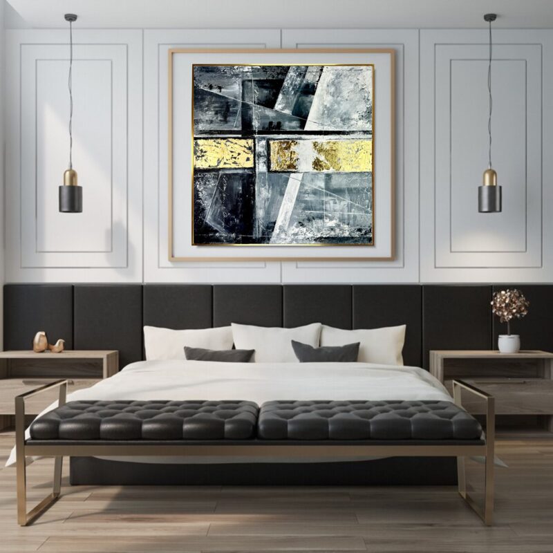 Obraz czarno biała abstrakcja, obraz abstrakcja, obraz z szlakmetalem, obraz z płatkami złota, obraz geometryczny, obrazy abstrakcje, czarno biały obraz