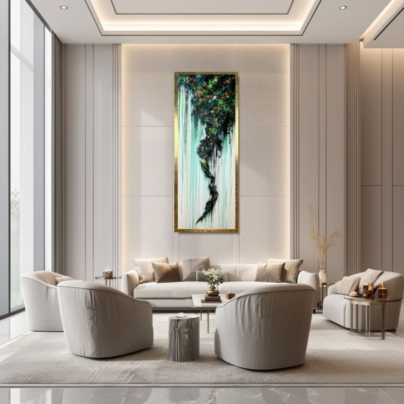 Pionowy obraz butelkowa zieleń, Obraz złoto zielona abstrakcja, obraz pionowa abstrakcja, obraz abstrakcja w ramie, obraz butelkowa zieleń, abstrakcja butelkowa zieleń, zielony obraz, obraz w złotej ramie, obraz ręcznie malowany