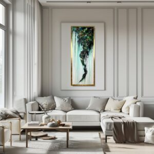 Pionowy obraz butelkowa zieleń, Obraz złoto zielona abstrakcja, obraz pionowa abstrakcja, obraz abstrakcja w ramie, obraz butelkowa zieleń, abstrakcja butelkowa zieleń, zielony obraz, obraz w złotej ramie, obraz ręcznie malowany