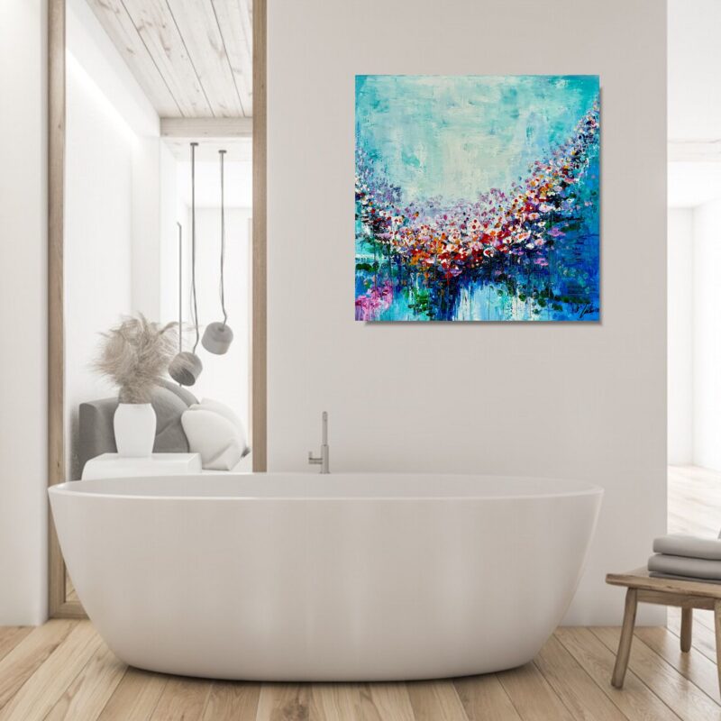 Obraz niebieskie kwiaty malowane, mały obraz, obraz łąka kwiatowa, obraz 50x50, obrazy kwiaty, tanie obrazy, obrazy ikea, obraz do łazienki, wiosna obrazy, nowoczesne obrazy kwiaty