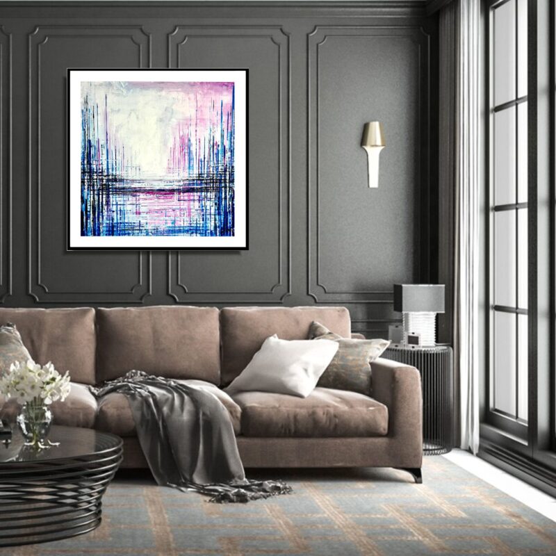 Obraz niebieska architektura, obraz abstrakcja kolorowe miasto, kolorowy obraz w ramie, obraz kolorowa abstrakcja, obraz do szarego salonu, obraz miasta i architektura