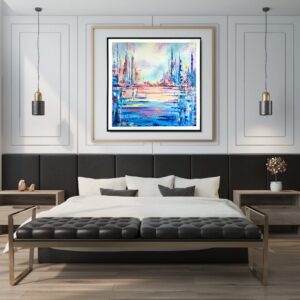 Obraz do salonu miasto, kolorowe miasto, obraz pastelowe miasto, obrazy abstrakcje, obraz ręcznie malowany, obraz w ramie