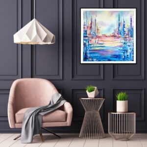Obraz do salonu miasto, kolorowe miasto, obraz pastelowe miasto, obrazy abstrakcje, obraz ręcznie malowany, obraz w ramie