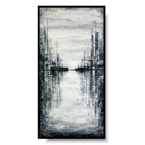 Pionowa czarno biała abstrakcja, szary obraz abstrakcja, obraz pionowy, obraz miasto w ramie, obraz na korytarz, designerskie obrazy do salonu, obrazy loft