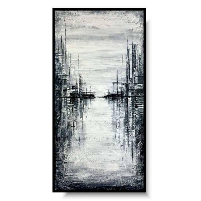 Pionowa czarno biała abstrakcja, szary obraz abstrakcja, obraz pionowy, obraz miasto w ramie, obraz na korytarz, designerskie obrazy do salonu, obrazy loft