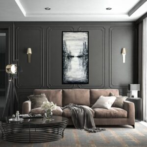 Pionowa czarno biała abstrakcja, szary obraz abstrakcja, obraz pionowy, obraz miasto w ramie, obraz na korytarz, designerskie obrazy do salonu, obrazy loft