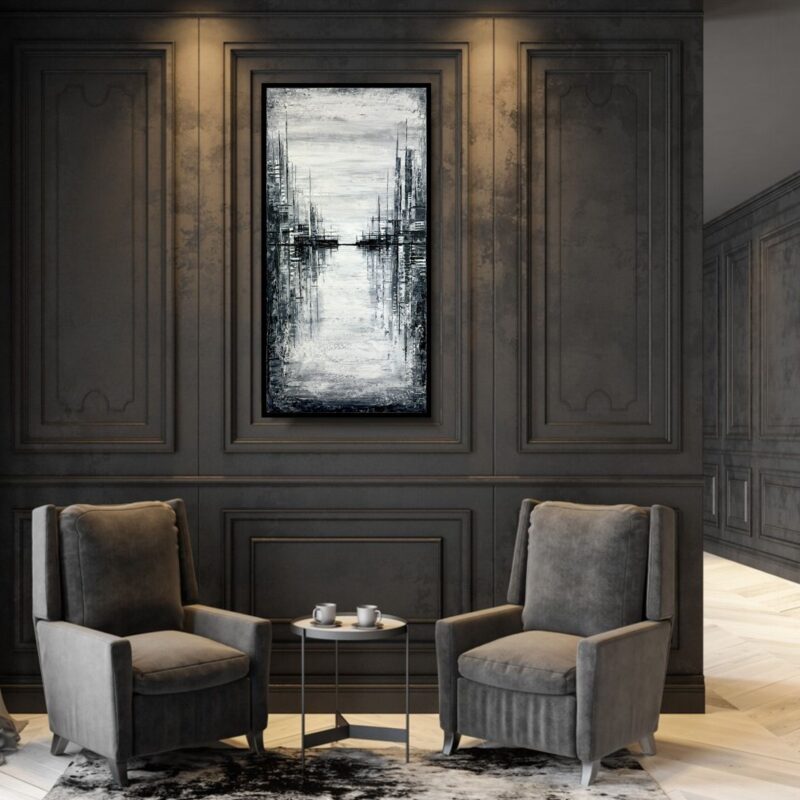 Pionowa czarno biała abstrakcja, szary obraz abstrakcja, obraz pionowy, obraz miasto w ramie, obraz na korytarz, designerskie obrazy do salonu, obrazy loft