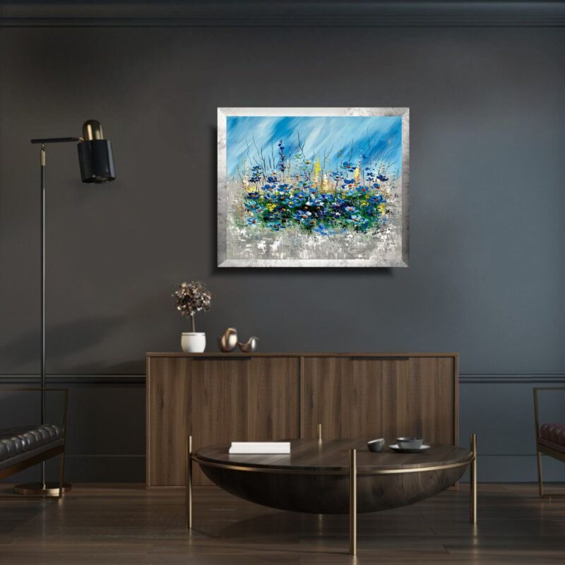 Niebieskie chabry na obrazku, obrazek z kwiatami, obrazek z ramce