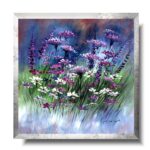 obraz do pokoju fioletowa łąka, obraz w srebrnej ramce, obrazy na zamówienie, namalowane obrazki, obrazy pejzaże kwiaty