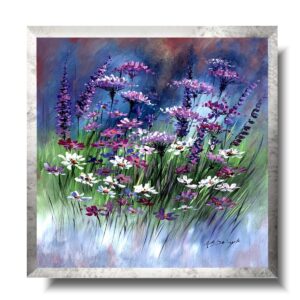 obraz do pokoju fioletowa łąka, obraz w srebrnej ramce, obrazy na zamówienie, namalowane obrazki, obrazy pejzaże kwiaty