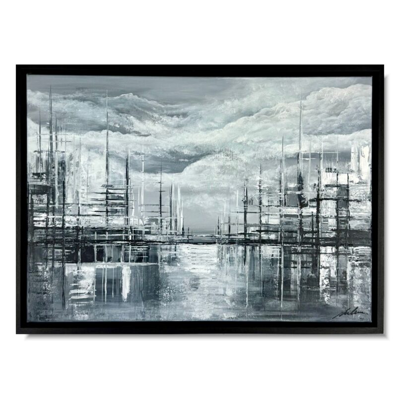 obrazy szara abstrakcja, obrazy abstrakcje nostalgiczne miasto, szary obraz miasto abstrakcja w ramie